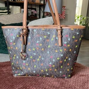 Michael Kors Brown Tote with Colorful Airplane Accents